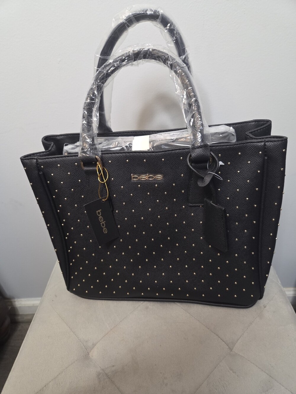 bebe Black Sagan Tote‎ with Gold Stud Accents